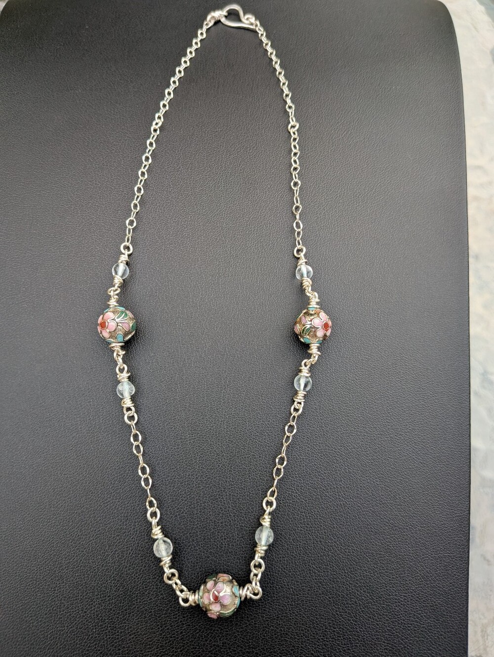 Sterling Silver Flower Necklace - Vintage Cloisonne Beads - Topaz Gems - Picture 8 of 14